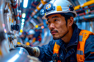 Plumbers examine piping system inside a tight technical shaft, an Industrial Photo by DanFLCreativo