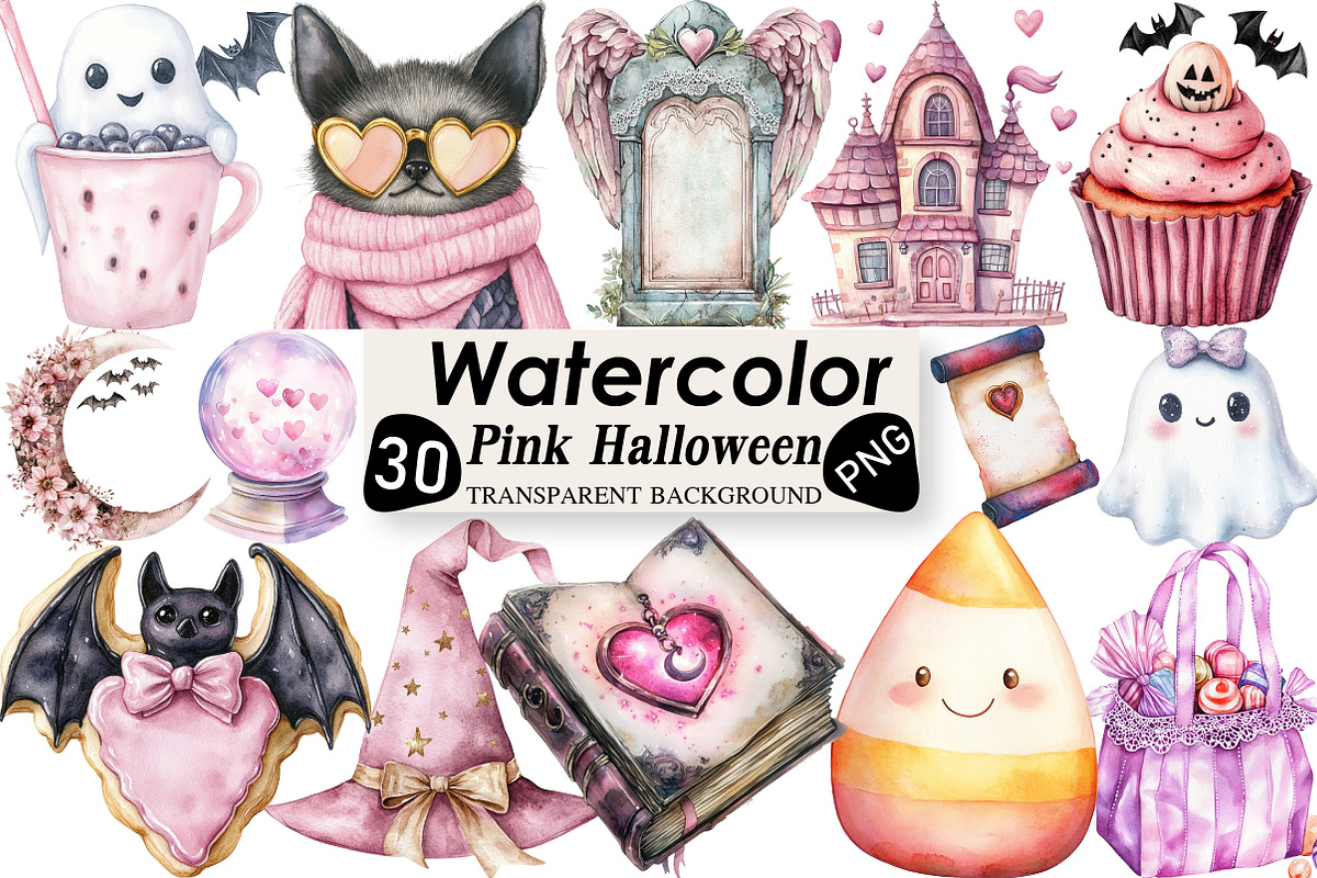 Watercolor Pink Halloween Clipart, an Illustration by Black Bird Studio (Photo 1 of 6)