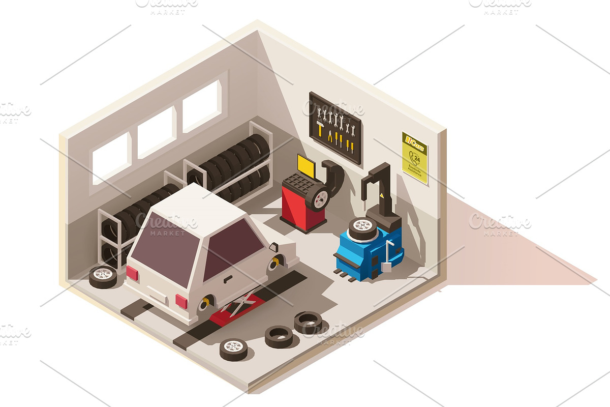 Vector isometric low poly car tire service icon, an Illustration by tele52
