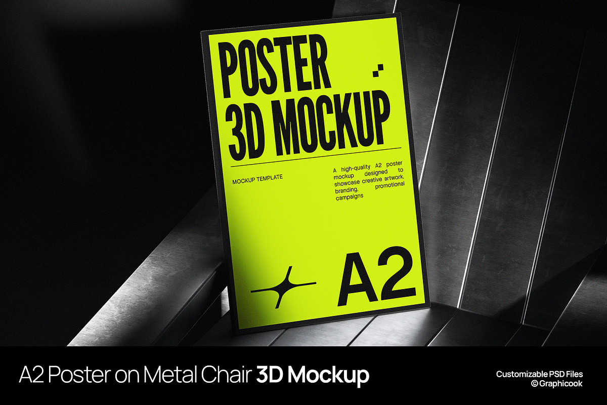 A2 Poster On Metal Chair 3D Mockup, an Advertising Mockup by graphicook (Photo 1 of 4)