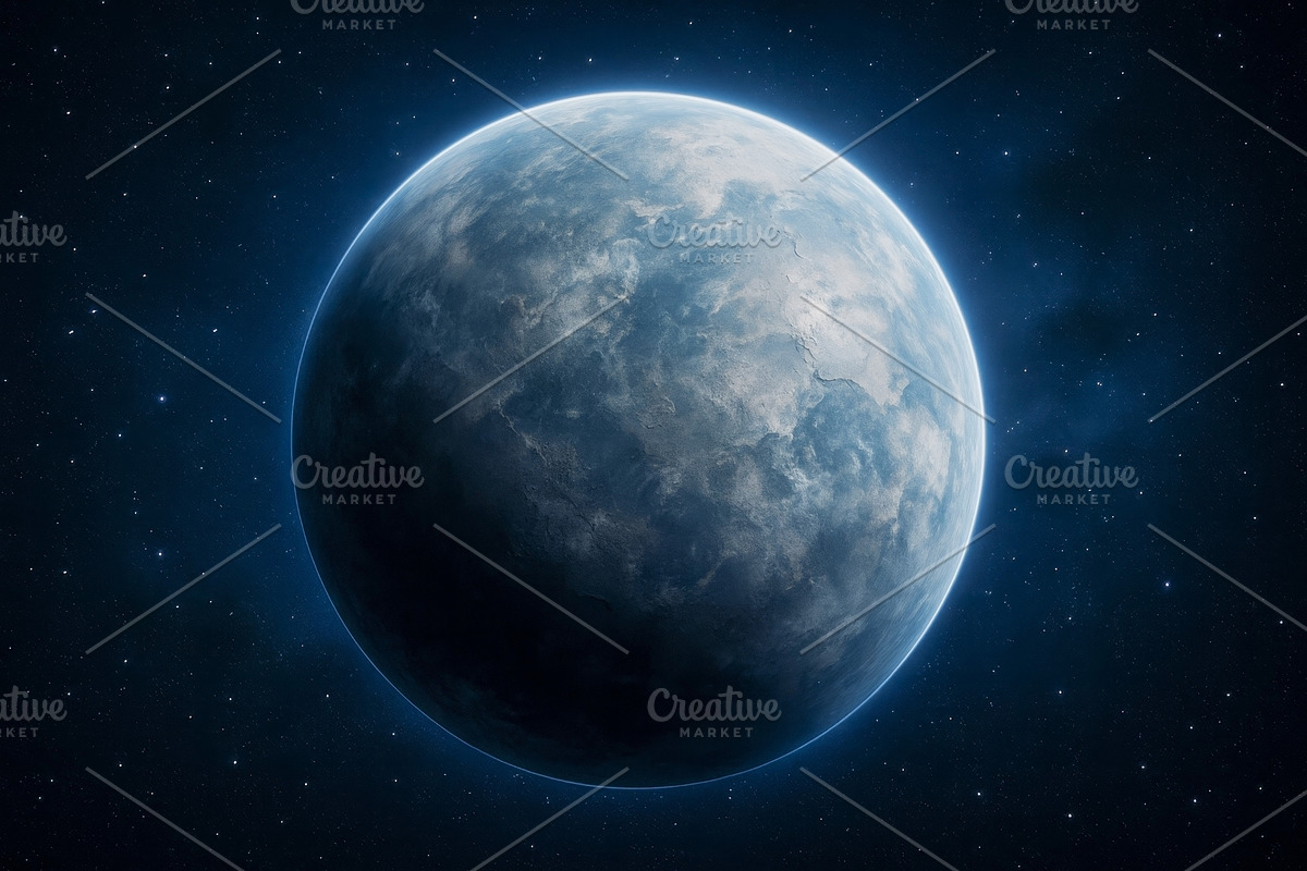 Frozen alien planet with icy surface, an Illustration by professorinc