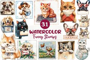 Funny Dog and Cat Postage Stamps, an Illustration by CreationArt
