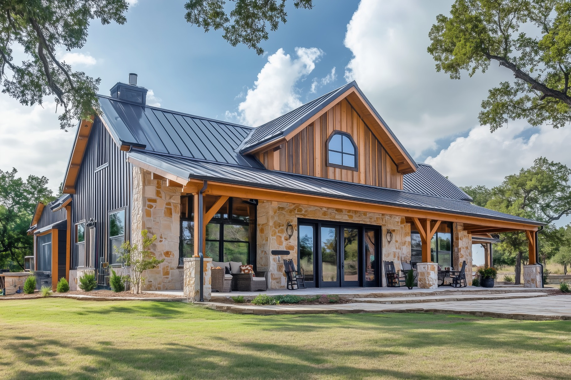 A modern Barndominium house style farmhouse with a combination of stone ...