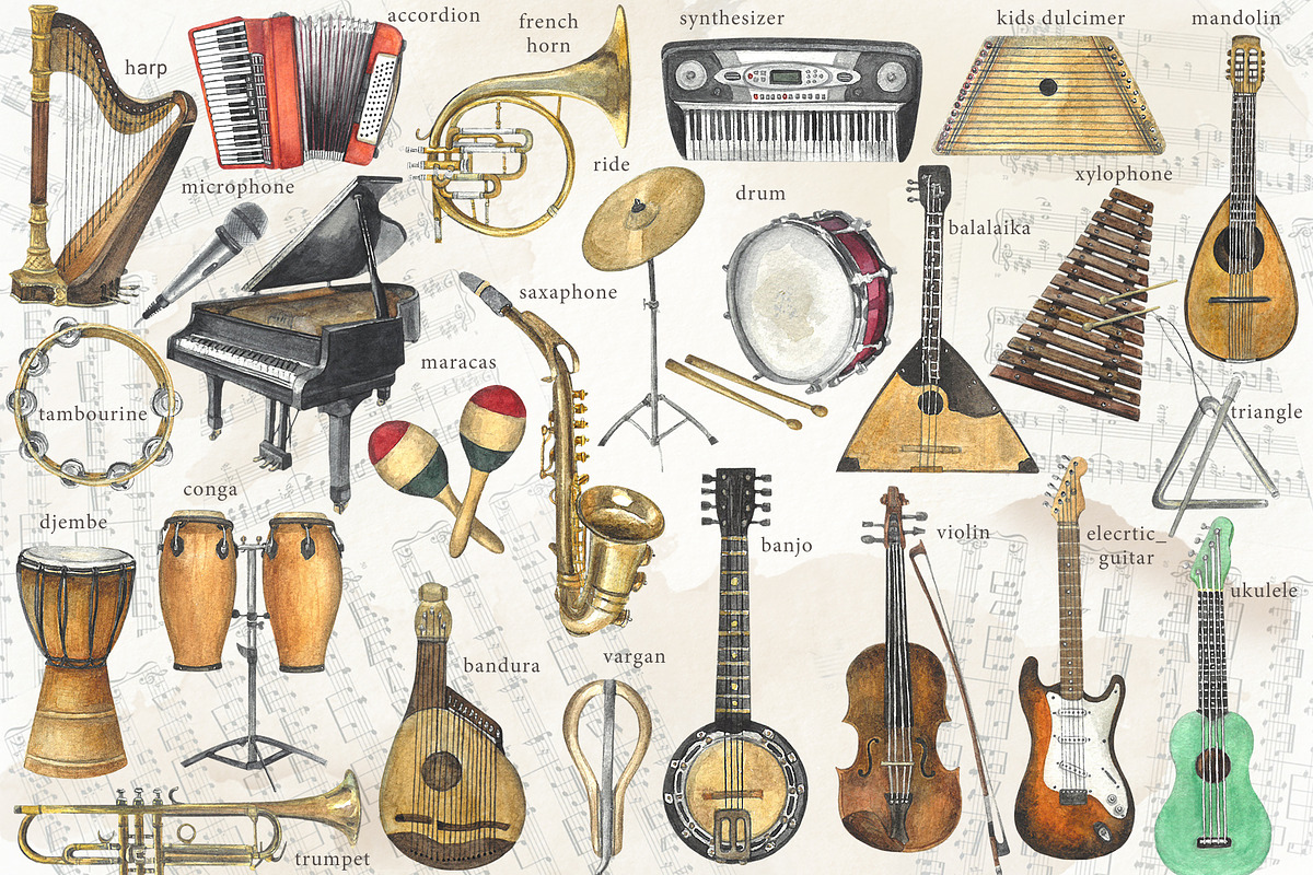Musical instruments-watercolor, an Illustration by Nastilustra (Photo 2 of 2)
