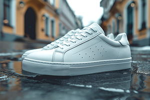 A pair of sleek white sneakers elegantly displayed on a reflective wet pavement, a Background Photo by ImageMir