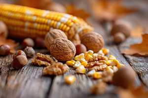 Autumn nuts and corn kernels on wooden surface, a Food & Drink Photo by AlyaAnd