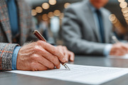 Business professionals signing documents during a formal meeting or agreement p, a Person Photo by AS photostudio (Thumbnail 1 of 2)