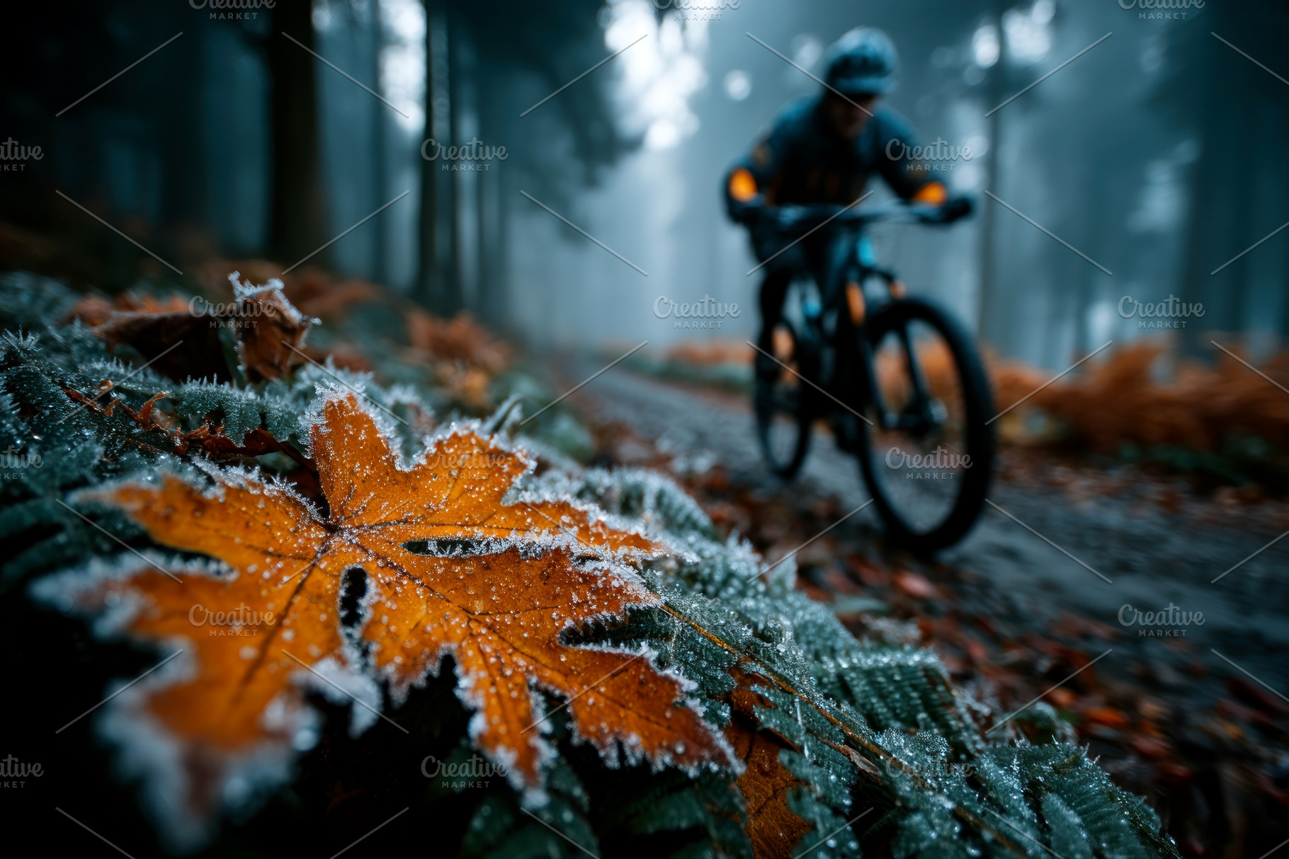 Closeup of frost covered orange leaf with blurred mountain biker, a Person Photo by José Manuel Gelpi