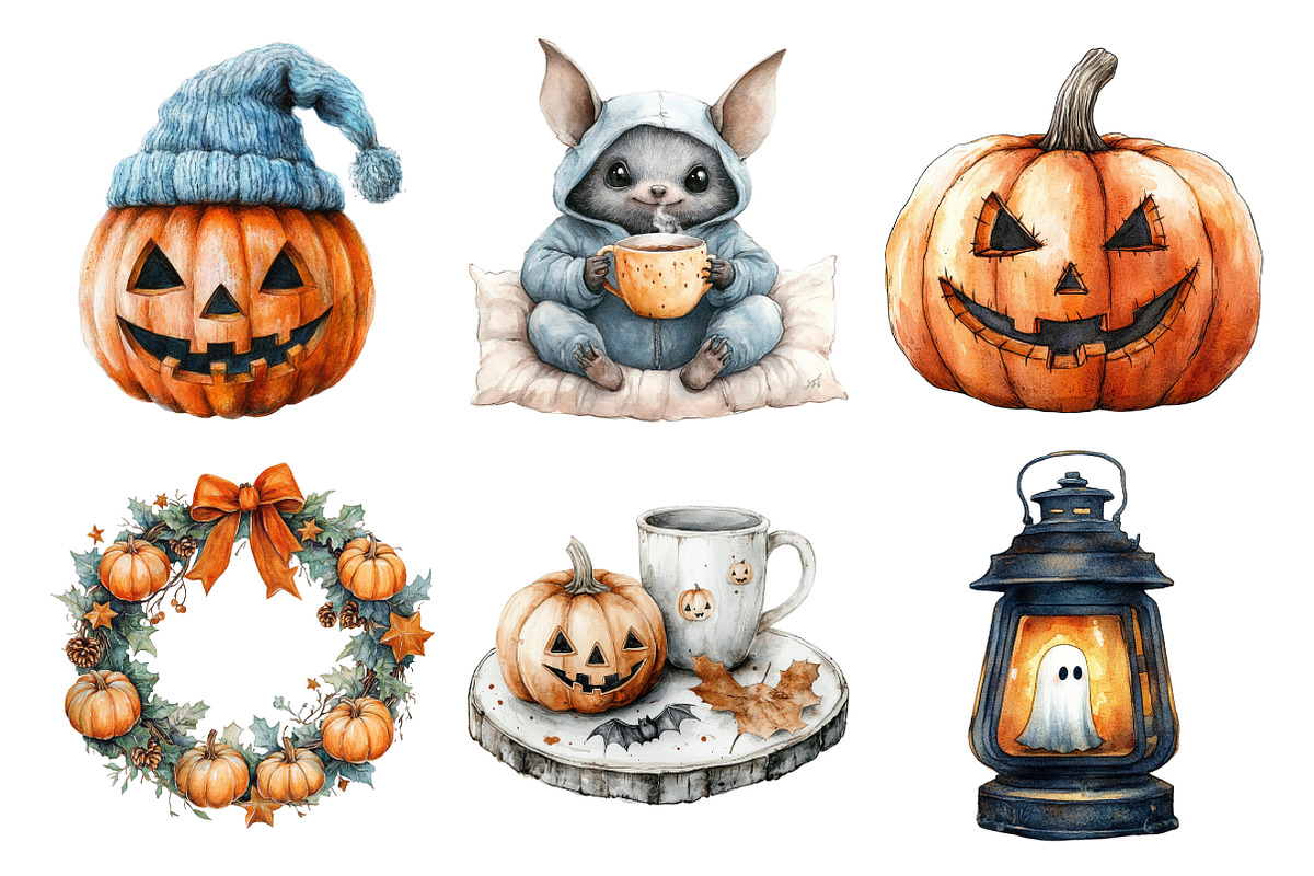 Watercolor Cozy Halloween Clipart, an Illustration by Daily.Designs (Photo 2 of 5)