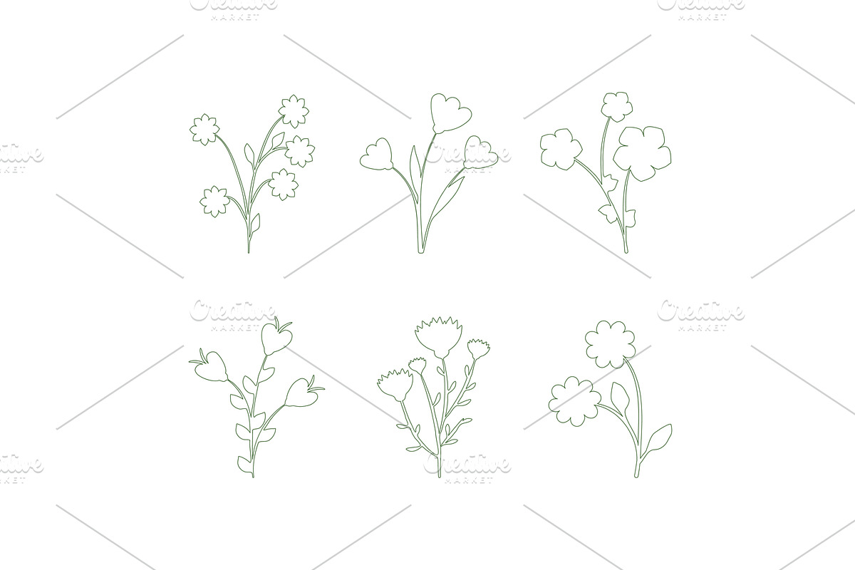 Simple floral line art set with six, an Object Illustration by okskukuruza