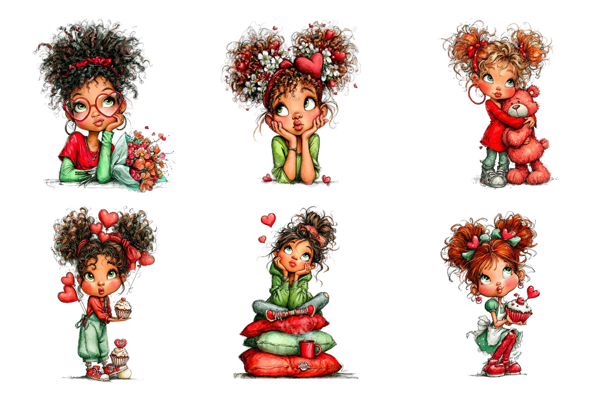 Quirky Valentine Girl Clipart Bundle, an Illustration by SinaCreation (Photo 5 of 11)