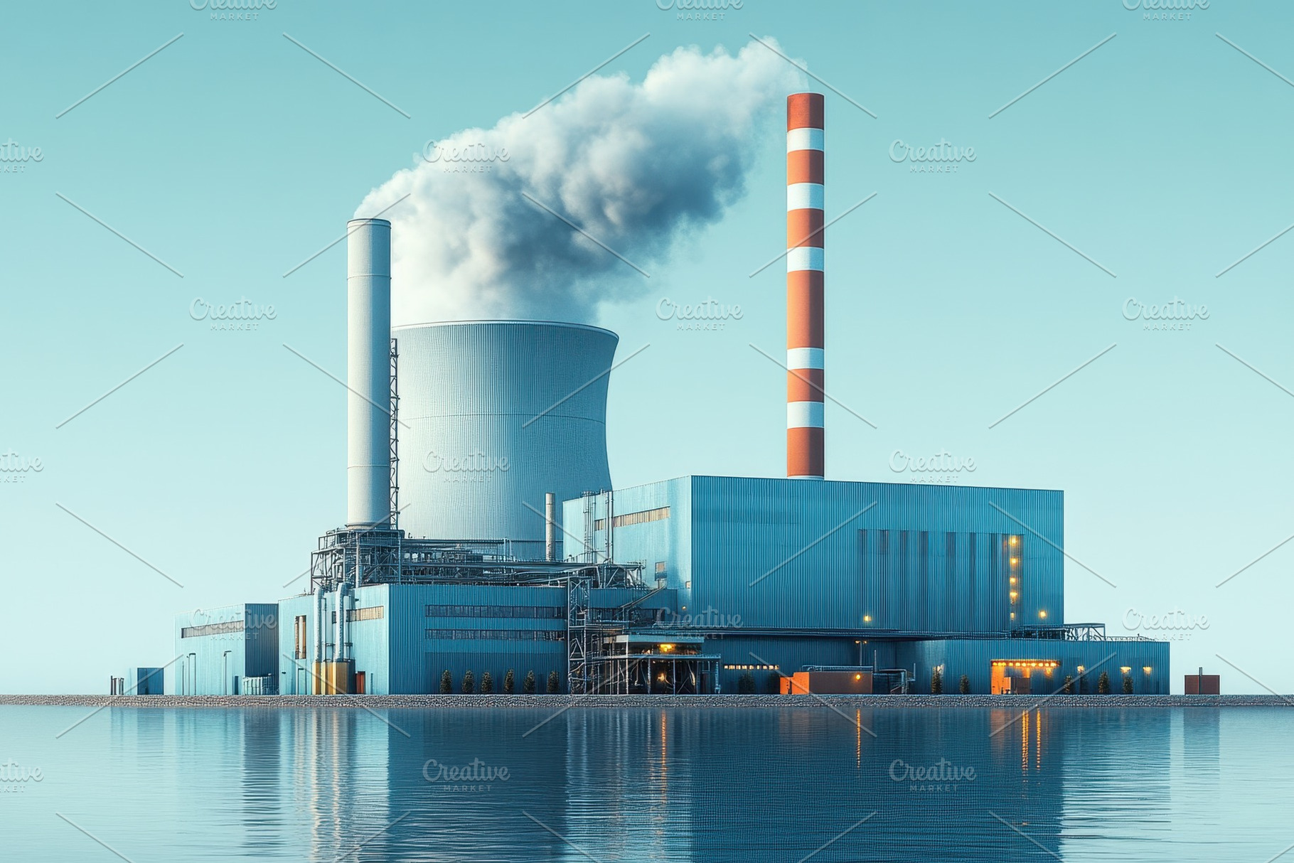 Power plant releasing steam with ref, a Photo by Tanuart