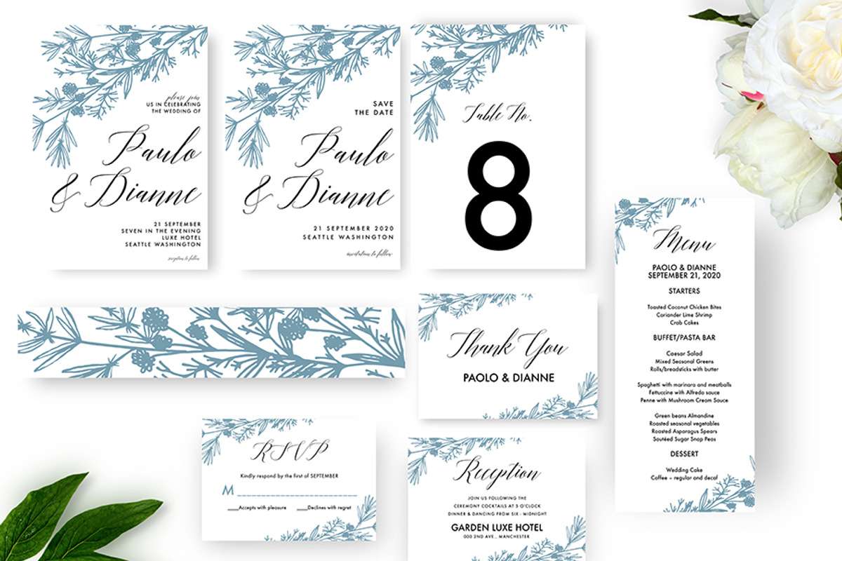 Botanical Wedding Invitation Set, a Stationery Template by aticnomar