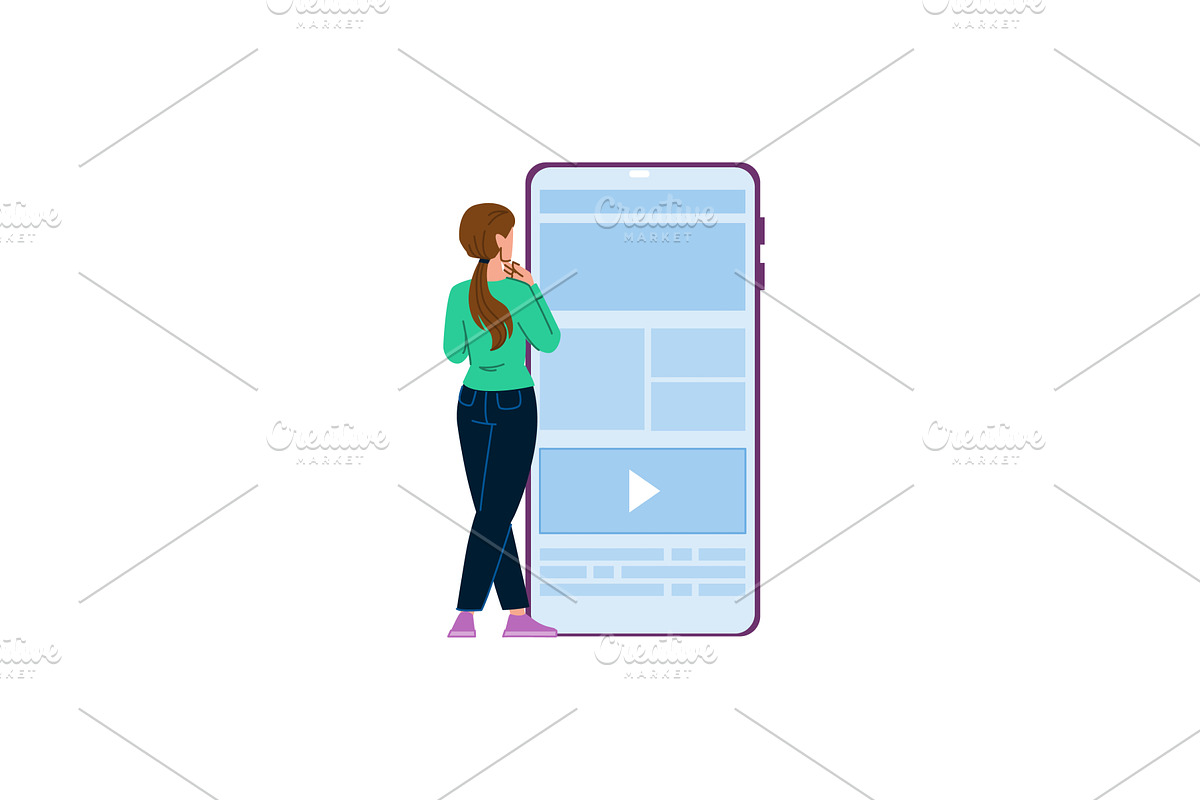 Woman watching video on giant, a Technology Illustration by pikepicture