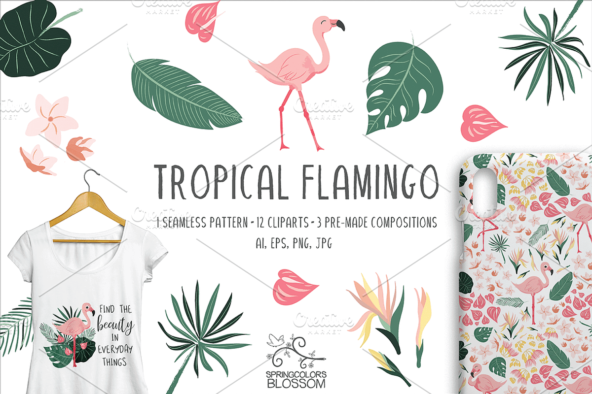 Pink Tropical Flamingo, a Pattern Graphic by Springcolors Blossom (Photo 1 of 3)