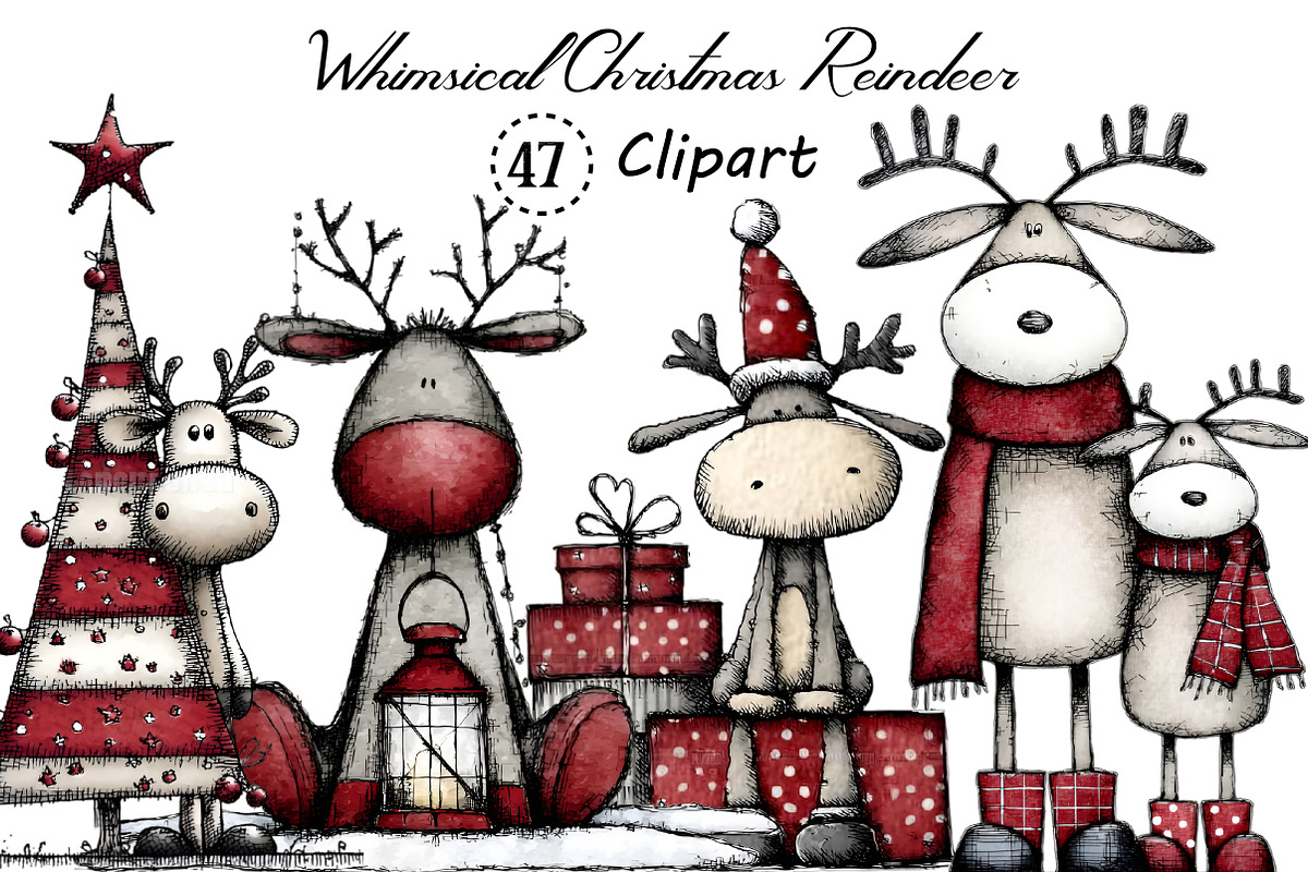 Whimsical Christmas Reindeer Clipart, an Illustration by Creative Art (Photo 1 of 13)