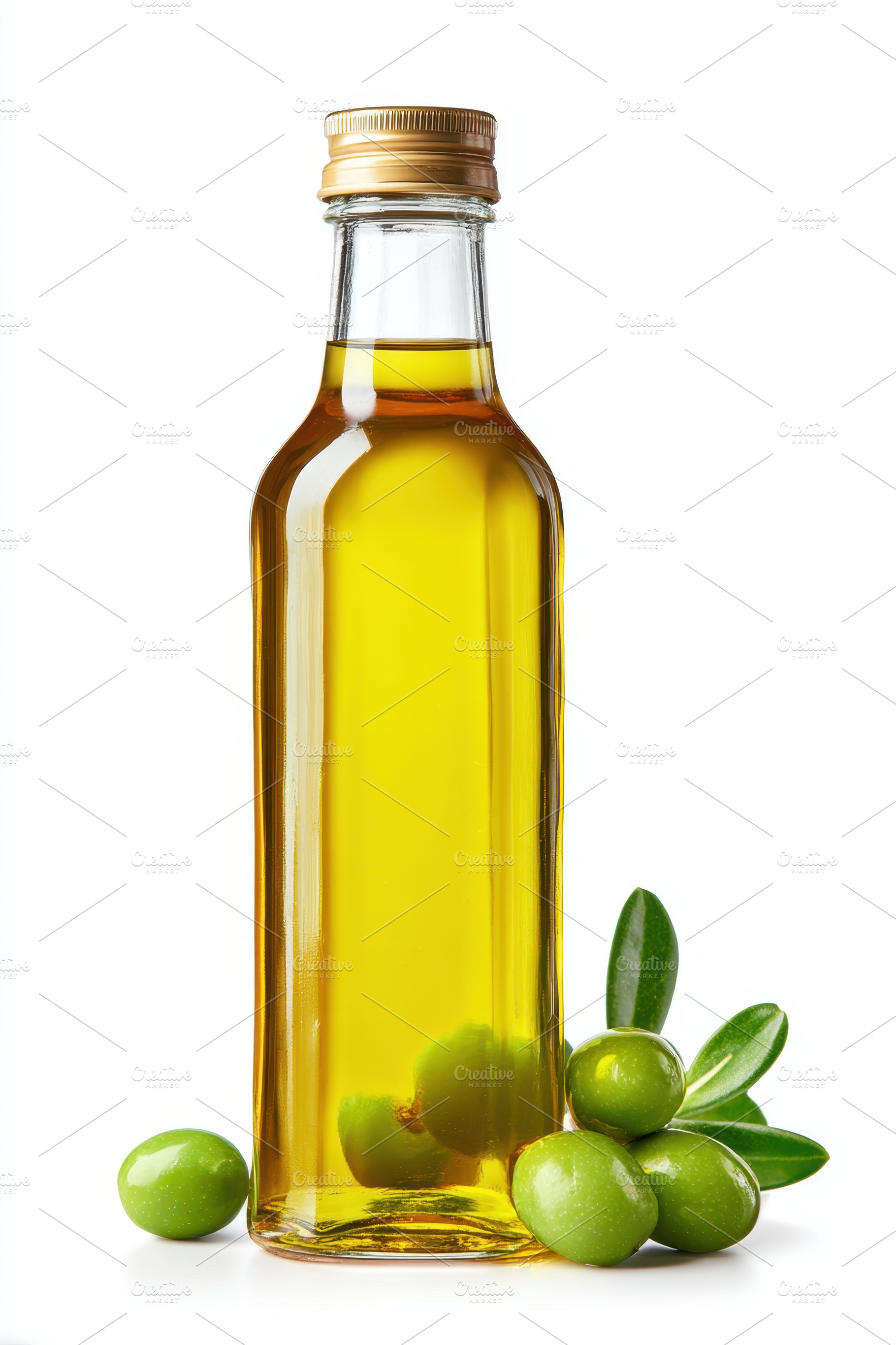 Bottle of olive oil with olives and leaves, a Food & Drink Photo by AlyaAnd