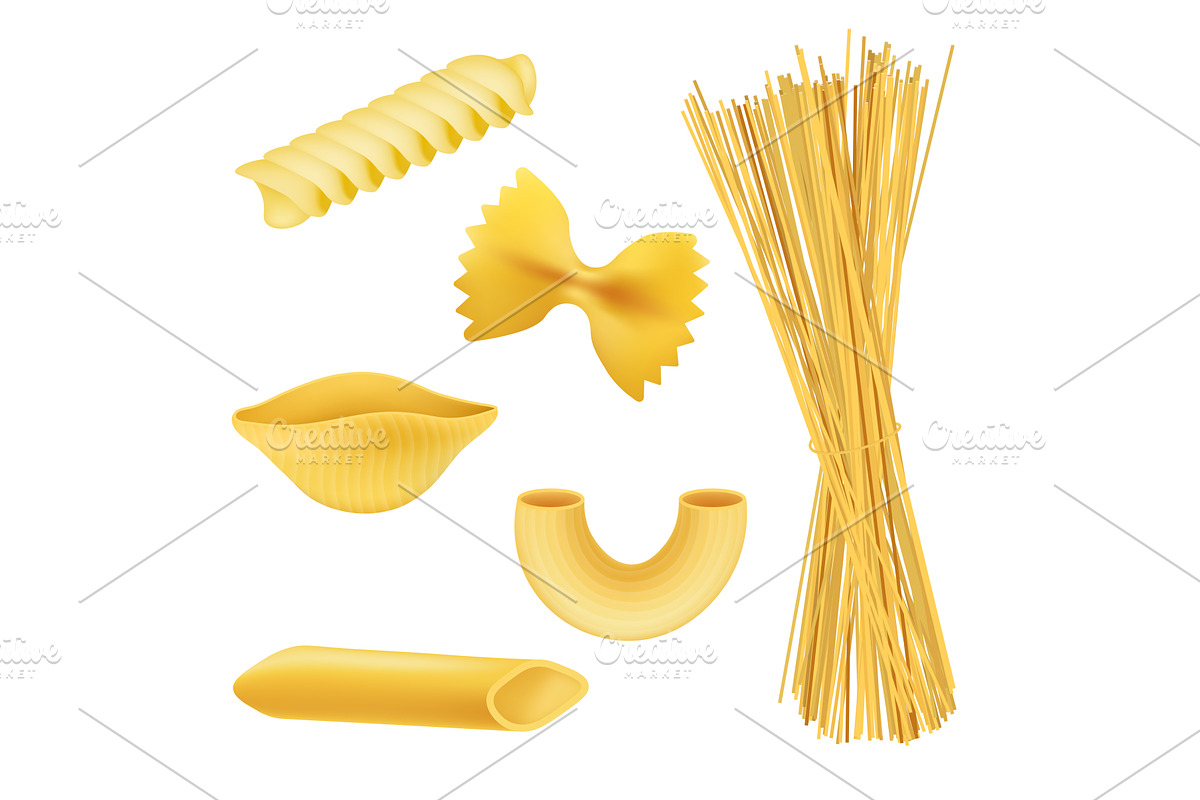 Different pasta shapes - realistic, an Object Illustration by Sabelskaya