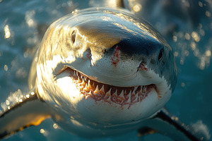 Great white shark swimming close to, a Photo by Tanuart