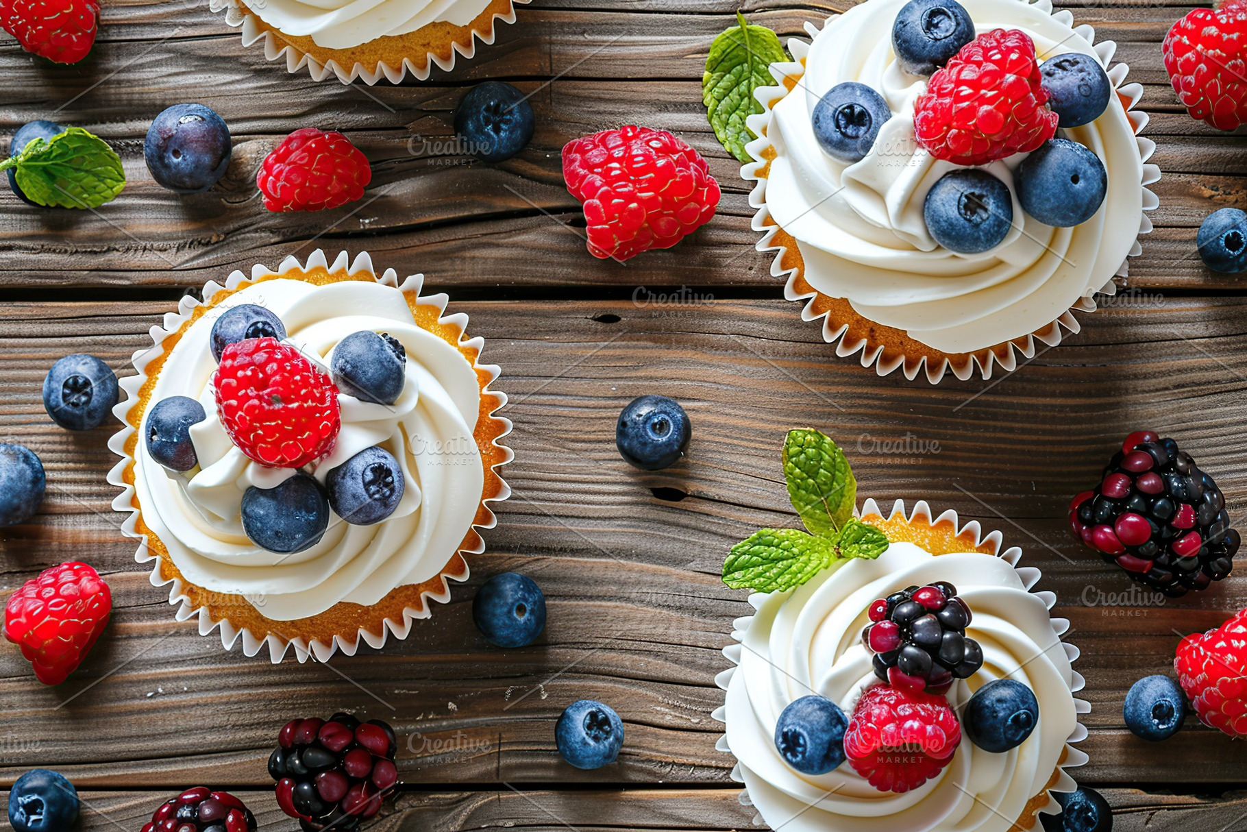 Tasty cupcakes with butter cream and ripe berries on wooden table, a Food & Drink Photo by AlyaAnd