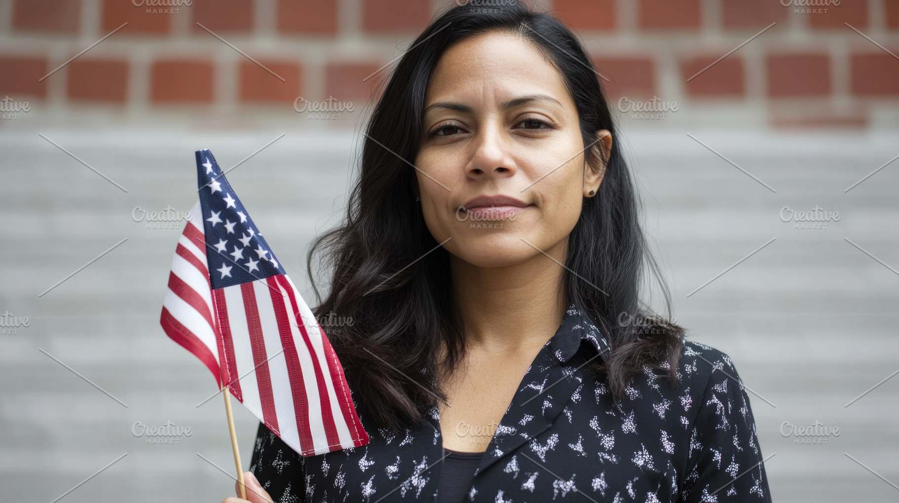 Young Woman Holding a Small American Flag Outdoors, an Abstract Photo by Natalia Klenova's Shop