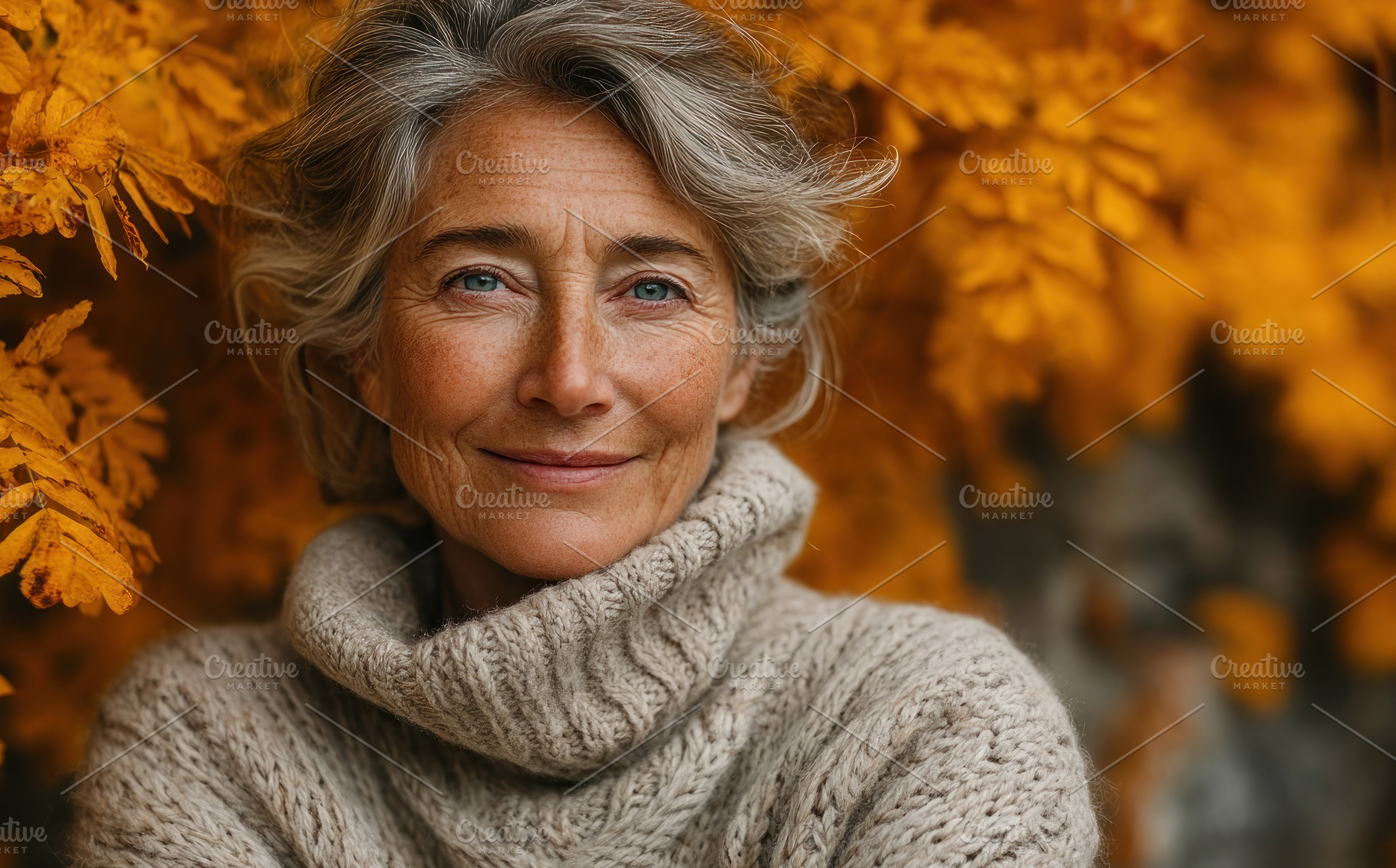 Confident older woman with gray hair and soft smile wearing knit, a Person Photo by José Manuel Gelpi