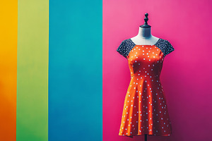 Floral Patterned Dress on Mannequin Against Bold Geometric Wall, an Abstract Photo by Natalia Klenova's Shop