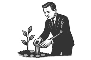 Businessman planting coins to grow, a Person Illustration by AlexArt