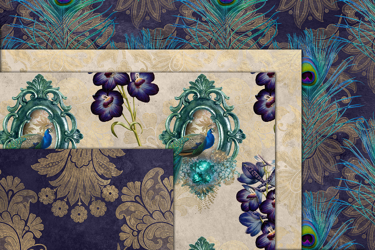 Peacock Fantasy Digital Paper, a Pattern Graphic by Digital Curio