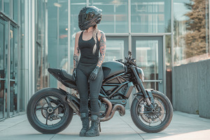 Woman on motorcycle by building, a Photo by Beautiful things