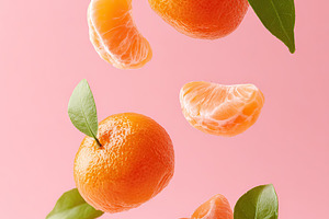 Peeled mandarin wedges and whole fruit suspended against a pink background, a Food & Drink Photo by AlyaAnd