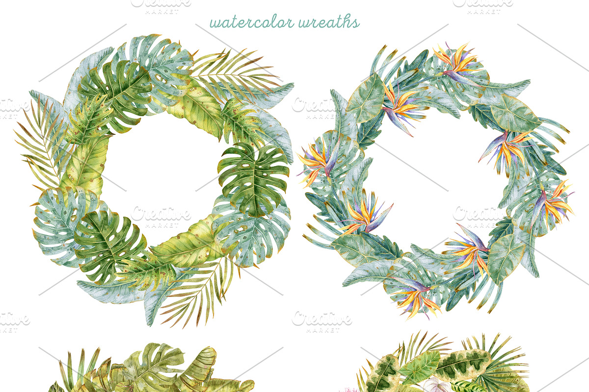 Watercolor Tropical Leaves & Flowers, an Illustration by babenkoirusa (Photo 6 of 17)