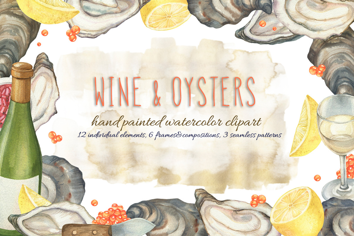 Wine&Oysters watercolor set, an Illustration by PS_patterns (Photo 1 of 4)