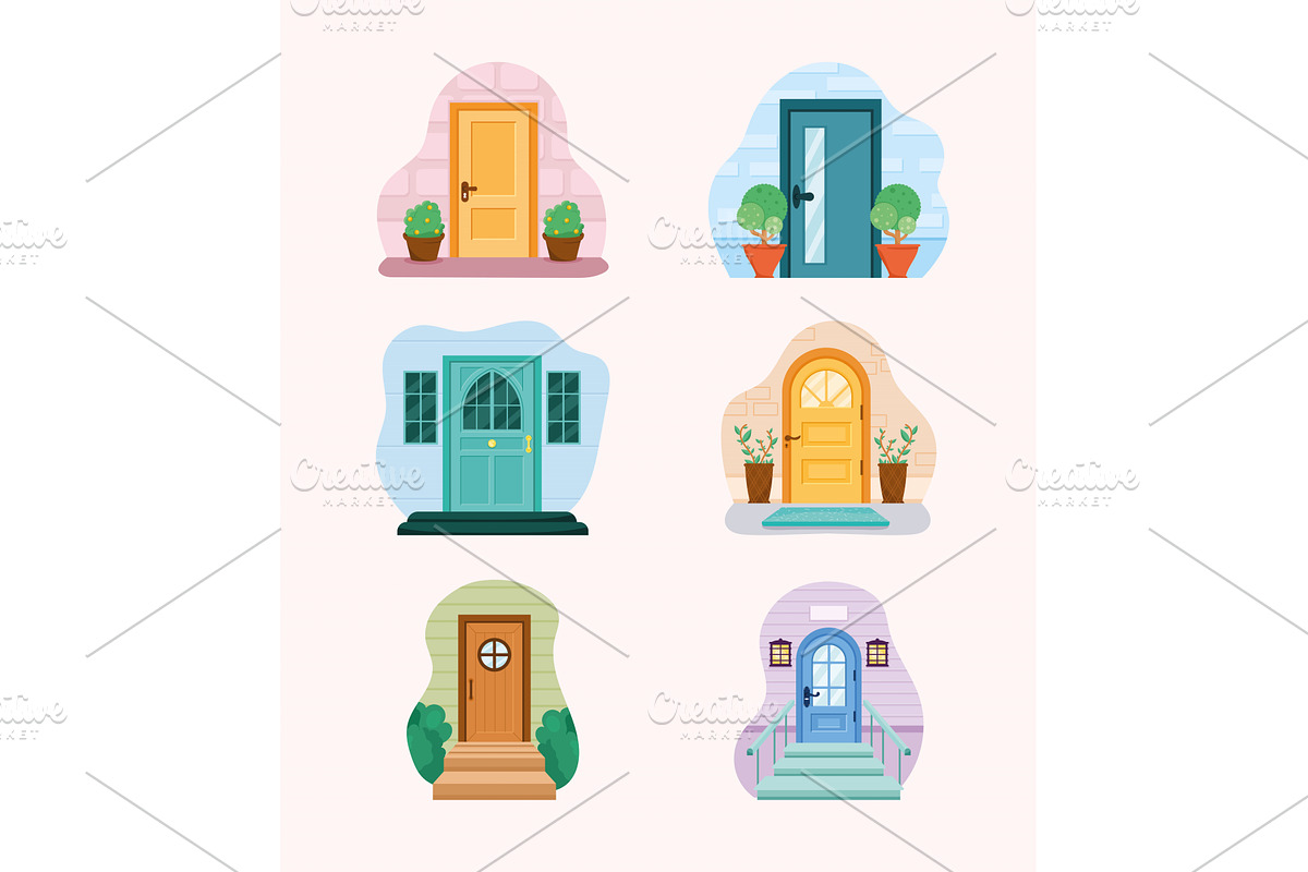 six front doors icons, an Object Illustration by studiogstock