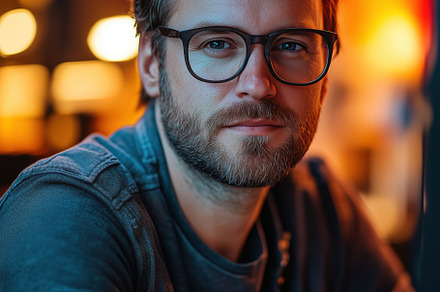 QA engineer. A young man with glasses and a beard, sitting at a table in a diml, a Person Photo by Textures & Backgrounds