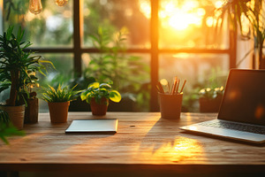 A serene workspace featuring a laptop, notepad, and plants, illuminated by warm, a Background Photo by ImageMir