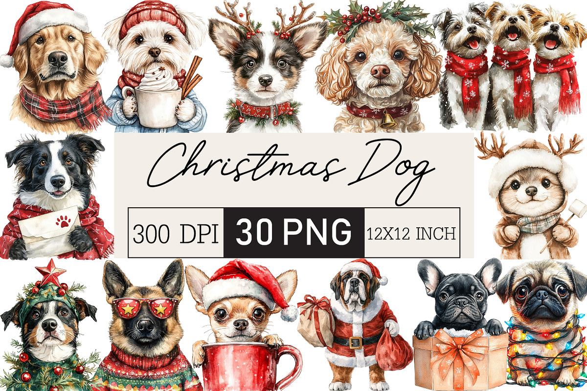 Watercolor Christmas Dog Clipart, an Illustration by Black Bird Studio (Photo 1 of 6)