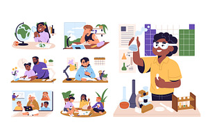 Children do homework, kids study set, an Education Illustration by PaperTrident