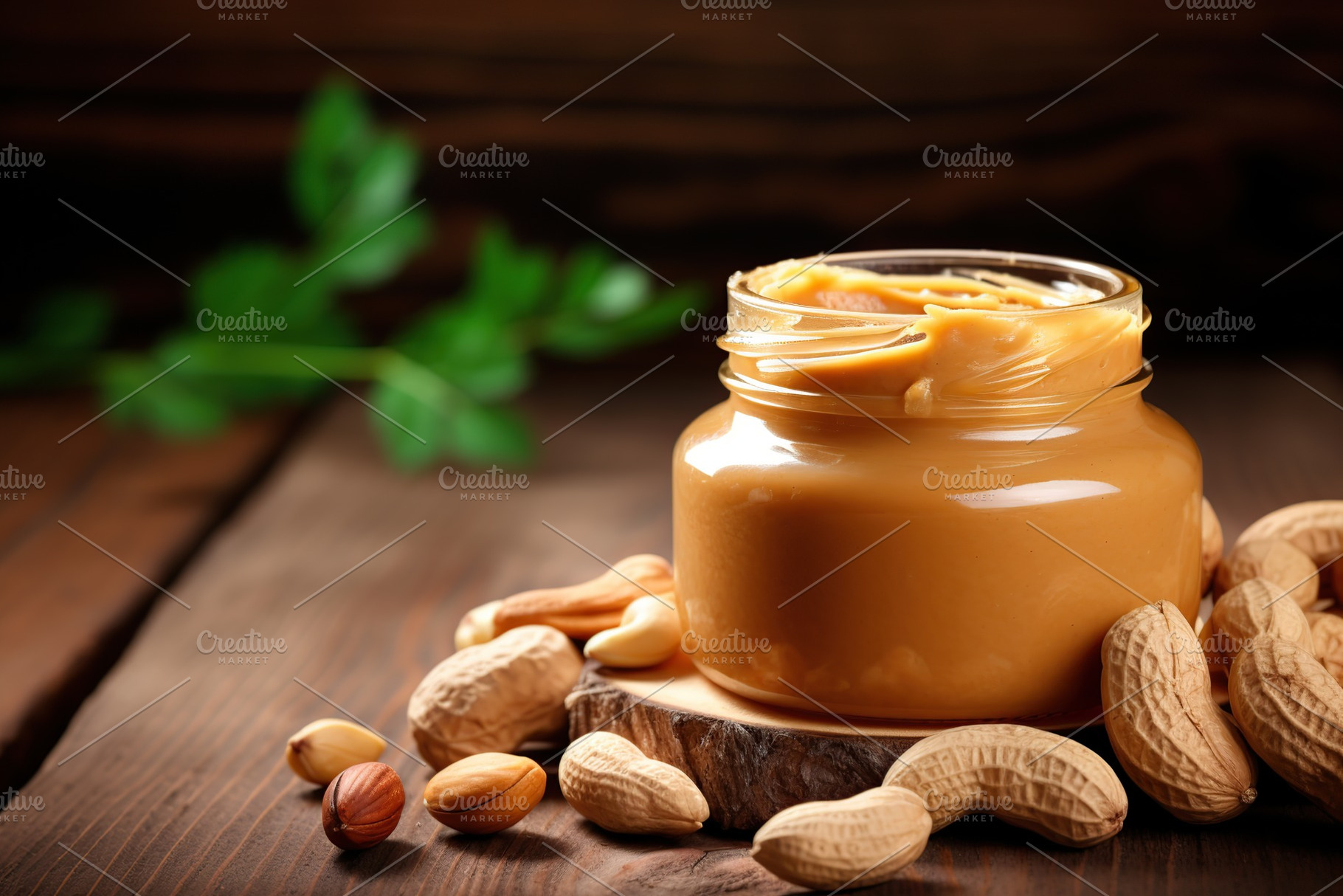 Glass jar with peanut butter on wooden background, a Food & Drink Photo by AlyaAnd