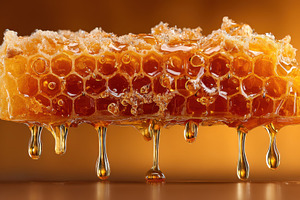 Honeycomb dripping golden honey swee, a Photo by Pixeness Studio