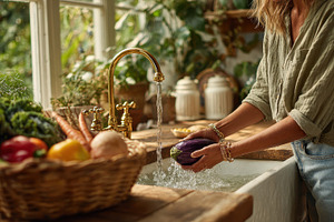 Woman washing eggplant in rustic kit, a Photo by Pixeness Studio