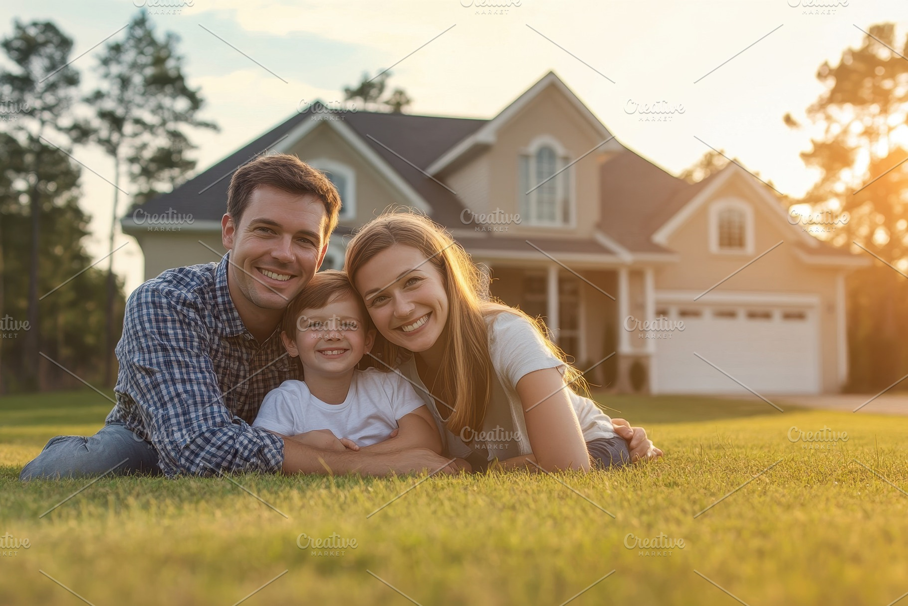 Happy family new home at sunset, a Photo by Pavel_design