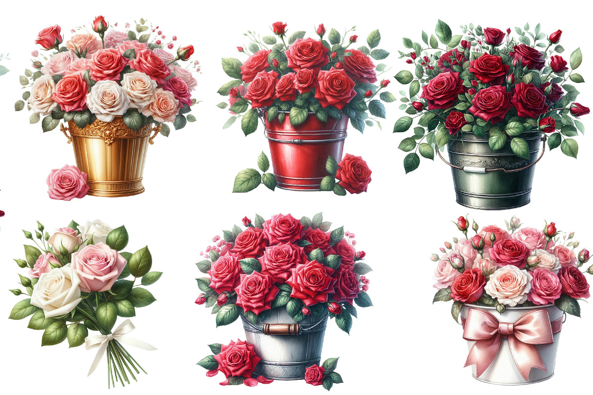 Watercolor Rose Bucket clipart, an Illustration by Designworld (Photo 3 of 5)