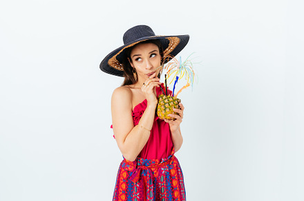 Elegant young woman wearing summer outfit with straw hat holding, a Person Photo by progressman