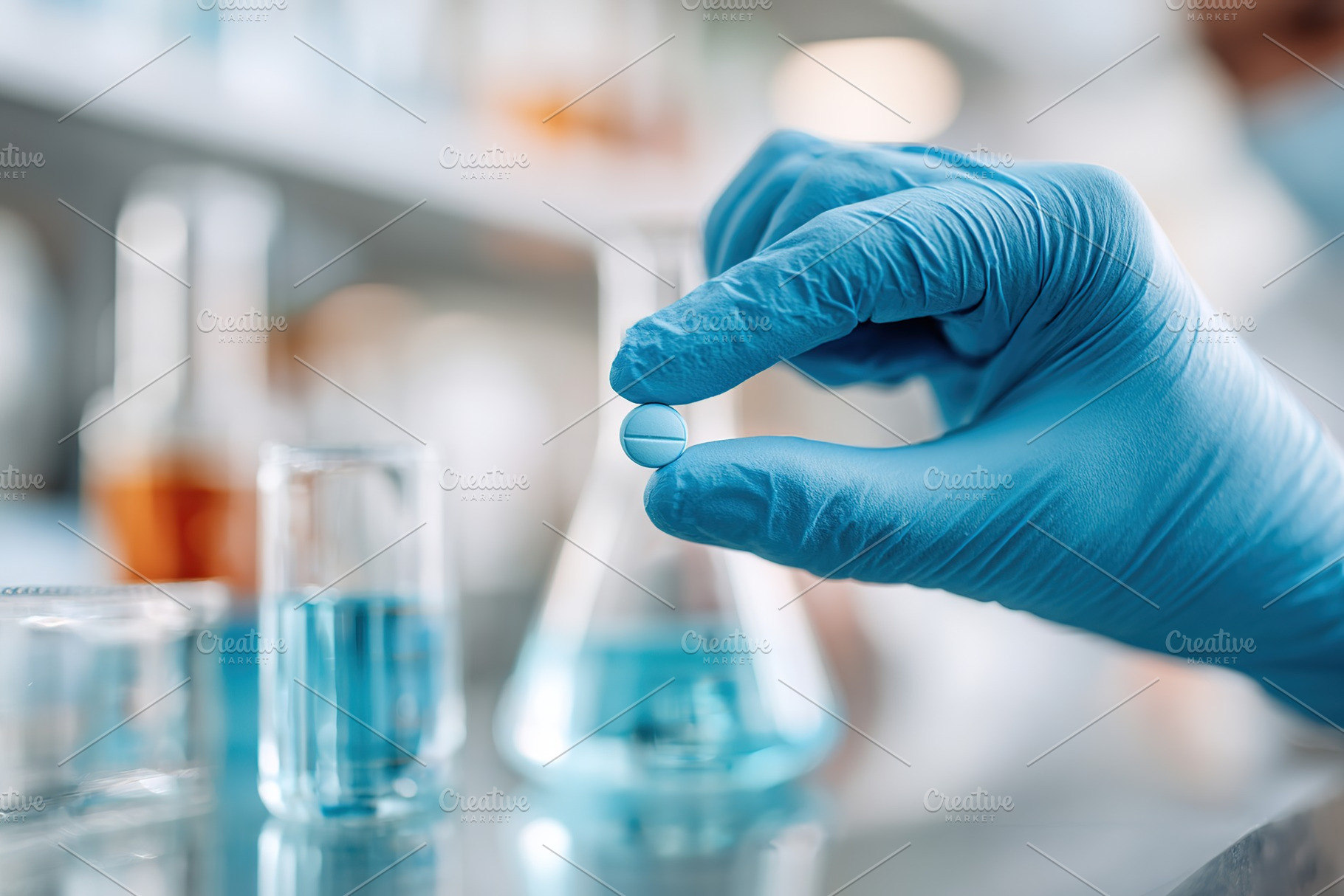 Scientist examining a blue pill in a laboratory setting during daytime research, a Health & Medical Photo by AlyaAnd