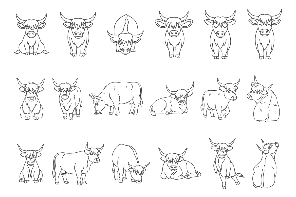 Highland Cow Vector Icon Set, an Animal Illustration by MkStudio