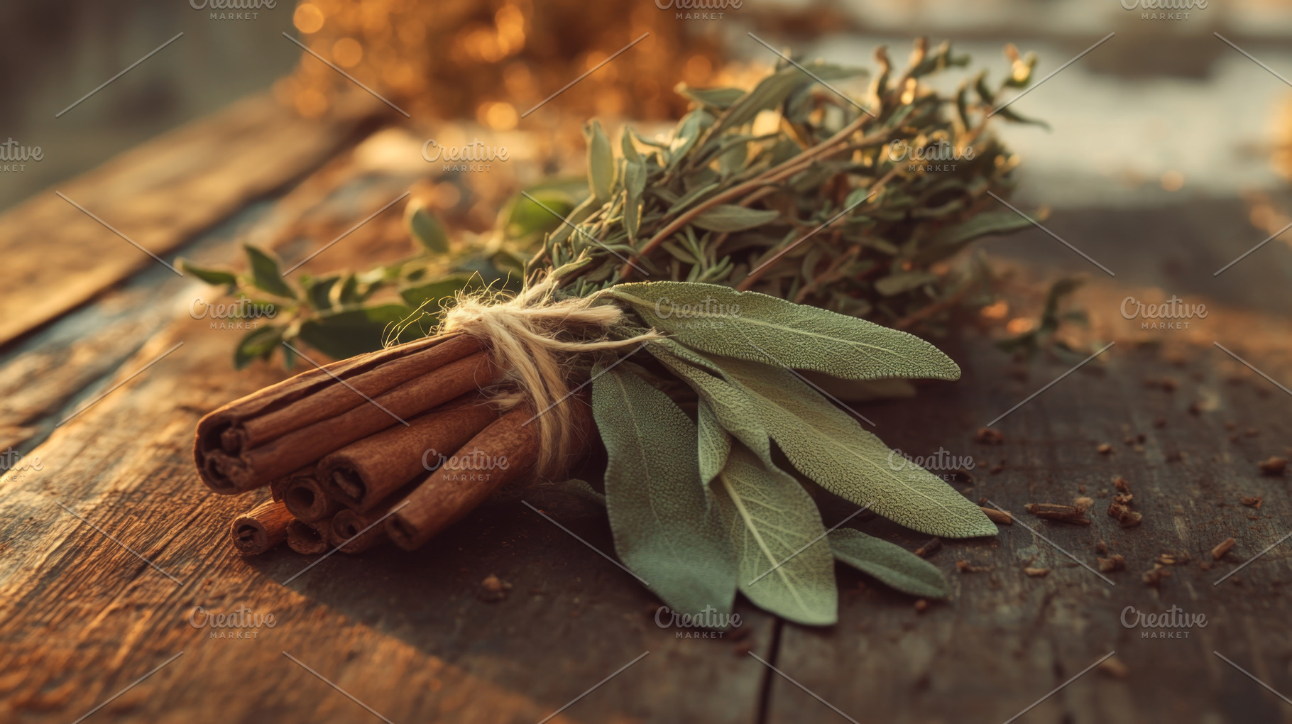 Rustic Bundle of Cinnamon Sticks and Sage on Wooden Table, an Abstract Photo by Natalia Klenova's Shop