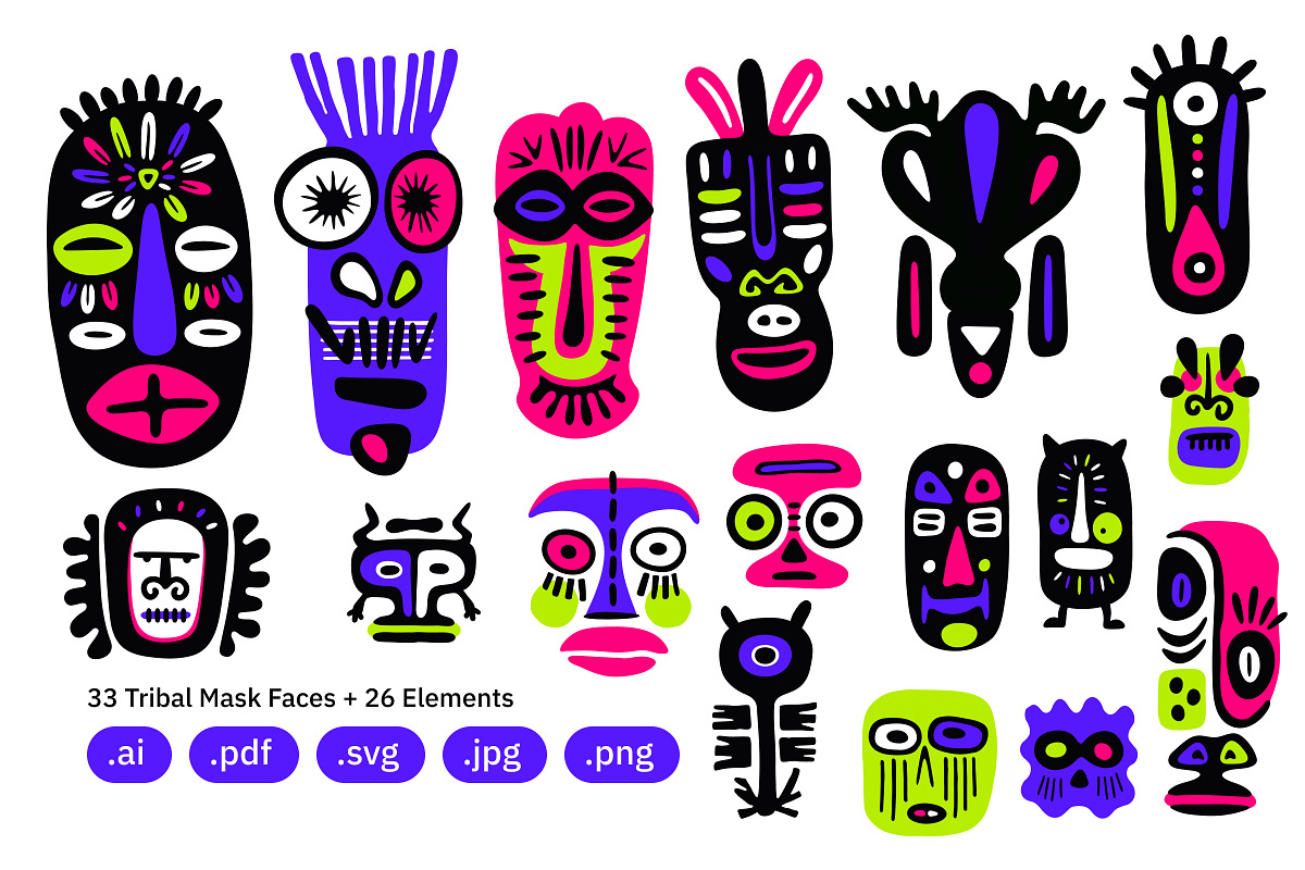 33 Tribal Mask Faces + 26 Elements, a Decorative Illustration by crafty (Photo 2 of 4)