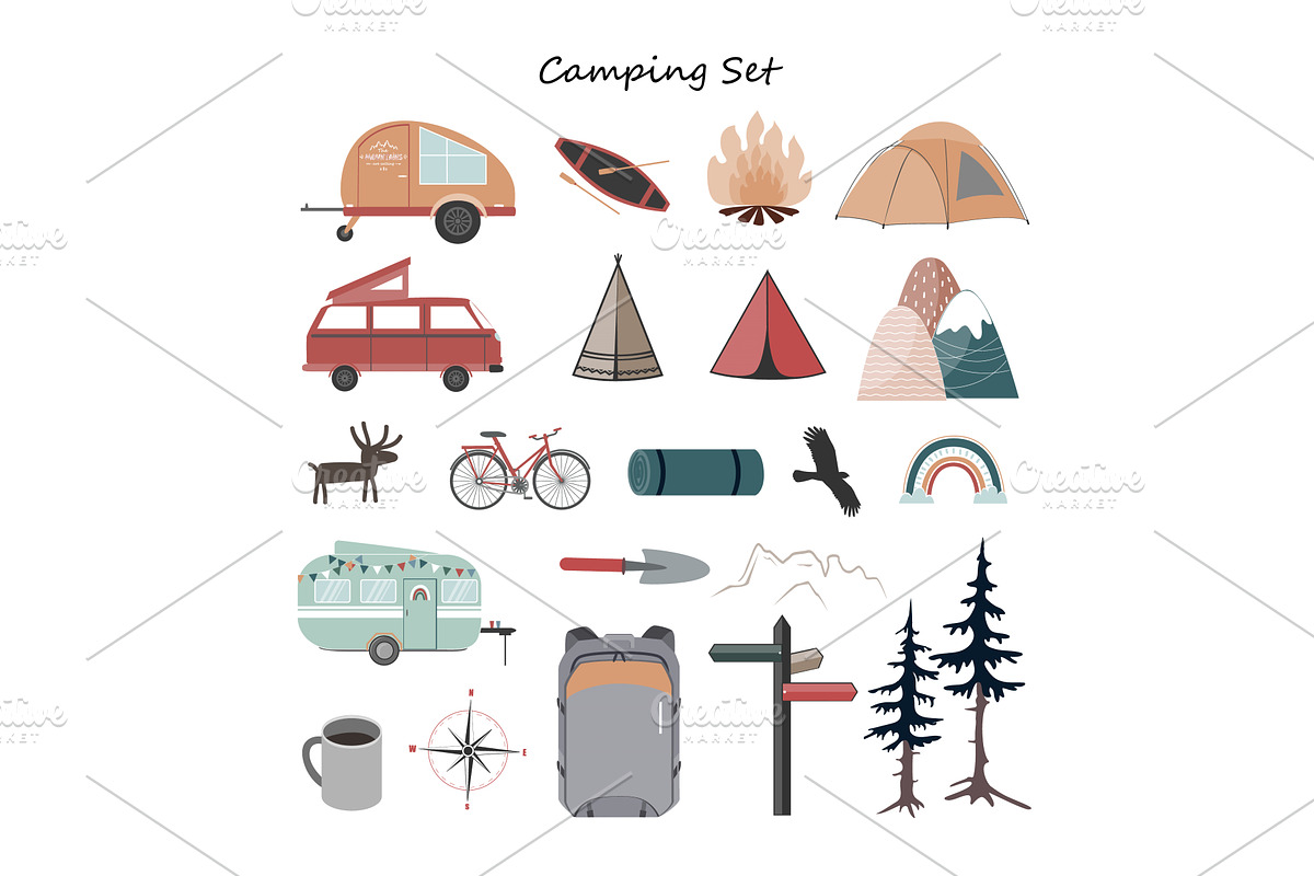 Camping objects icon set. Vector, an Object Illustration by Toltemara