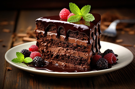 Piece of chocolate cake with berries on plate on brown wooden table, a Photo by AlyaAnd